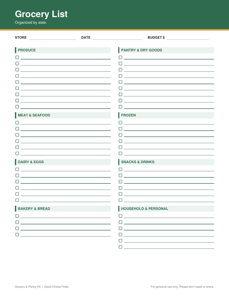 Grocery list organized by store aisle